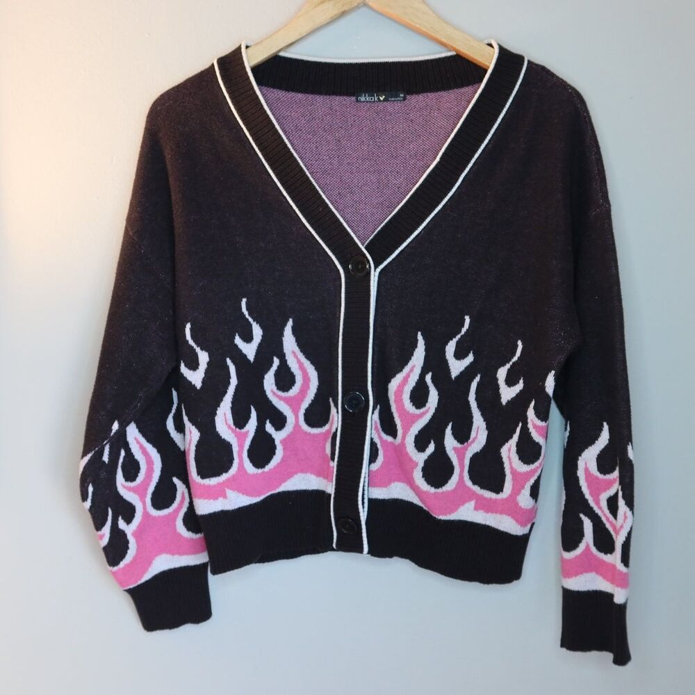 Nikka K Sweater Womens M Black V-Neck Long Sleeve Ribbed Trim Stretch 90s